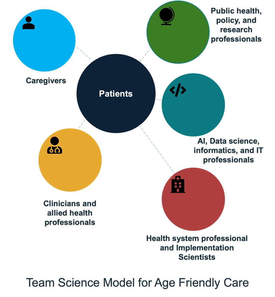Team Science Model for Age-Friendly Care showing patients at the center, connected to caregivers, clinicians and allied health professionals, AI/data science/informatics/IT professionals, health system professionals and implementation scientists, and public health/policy/research professionals